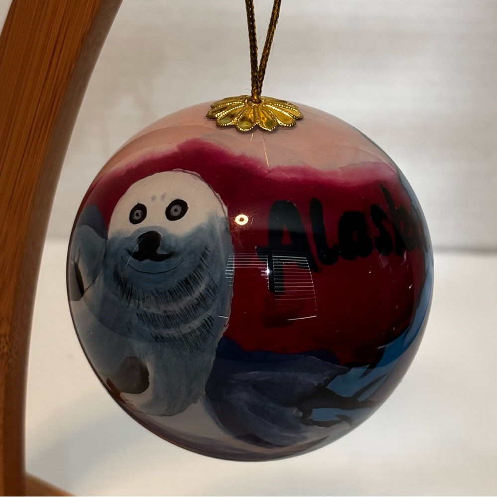 Inside Reverse Hand Painted Glass Ball Ornament Alaska White Seal - Picture 3 of 10